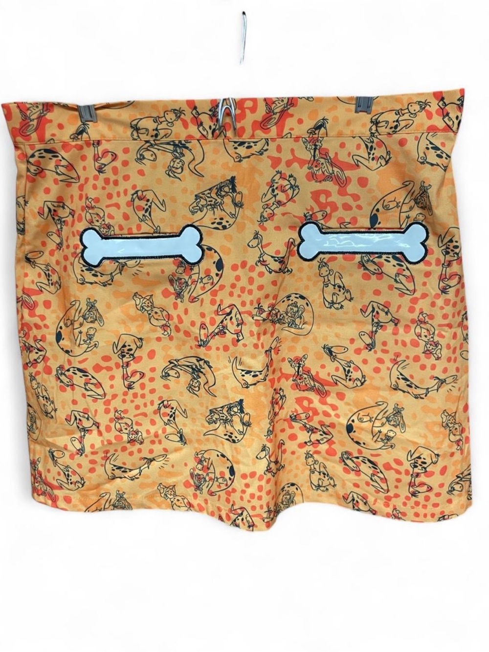 Playful Orange Graphic Mini Skirt with Light-Blue Bone Pocket Accents